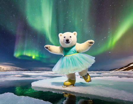 Baby polar bear skating on the iceberg with the northern lights dancing in the night skyの素材