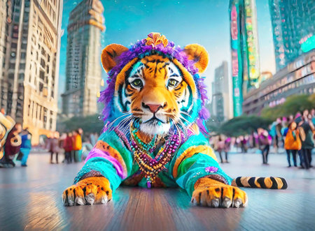 Amazing Stylish Tiger Boy Visiting a Big Cityの素材