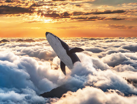 Amazing huge whale jumping through the sea of cloudsの素材
