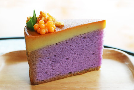 Closeup of Delectable Taro Chiffon Cake with Thai Custard Top