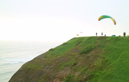 The Clifftop of Parque Raimondi in Miraflores District, the Popular spot for paragliding in Lima, Peru, South Americaの写真素材
