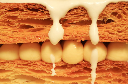 Closeup of Mouthwatering Mille Feuille Puff Pastry with Chantilly Creamの写真素材