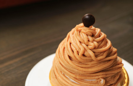 Closeup of a Delightful Mont Blanc Cake Topped with Chocolate