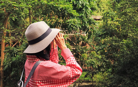 Woman in hat enjoy birdwatching by binoculars in the forestの写真素材