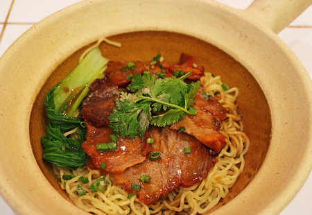 Mouthwatering Chinese Egg Noodle Topped with Char Siu or Roasted Pork and Bok Choy