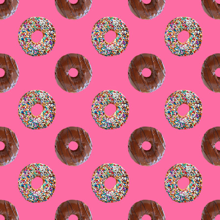 Two Types of Chocolate Glazed Donuts Pattern on pink Backgroundの写真素材