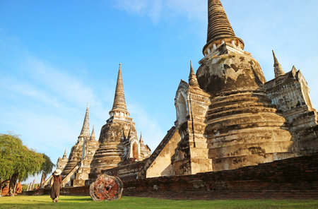 Amazing Remains of Medieval Wat Phra Si Sanphet Temple, UNESCO World Heritage Site in Ayutthaya, Thailandの写真素材