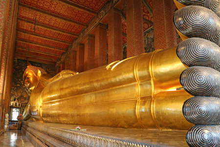 Fantastic 46 Meters Long Reclining Buddha Image of Wat Pho Temple Complex Located in Phra Nakhon District, Bangkok, Thailandの写真素材