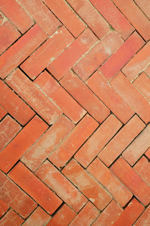 Pattern of Old Terracotta Bricked Floor of Buddhist Temple in Ayutthaya Historical Park, Thailandの写真素材