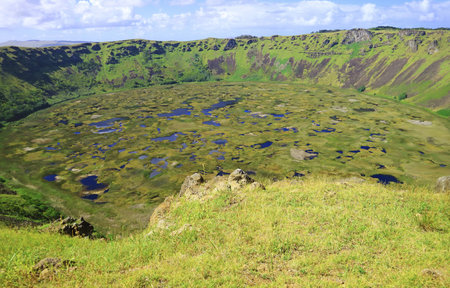 Stunning Panorama View of Rano Kau Crater Lake on Easter Island, Pacific Ocean, Chile, South Americaの写真素材