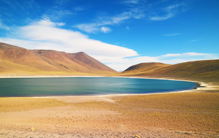 Laguna Miniques, one of the amazing deep blue lagoons on the altiplano of Antofagasta region, northern Chile, South Americaの写真素材