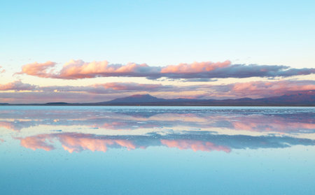 Stunning Mirror Effect of Salar de Uyuni or Uyuni Salts Flats at the End of Rainy Season, UNESCO World Heritage Site in Bolivia, South Americaの写真素材