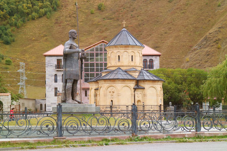 Local Parish Church in Sno Town with Statue of 5th Century Georgian King Vakhtang Gorgasali,...