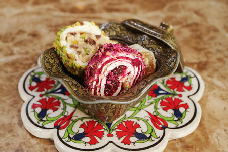 Closeup of Delectable Rose Petals and Pistachio Turkish Delightsの写真素材