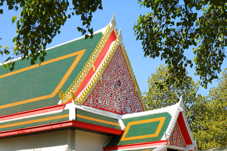 Ornate Gable Roof of Assembly Hall Called Vihara of Wat Thammaram Buddhist Temple, Ayutthaya...