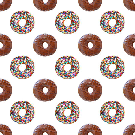 Seamless Pattern of Two Types of Delectable Chocolate Glazed Donuts on transparent backdrop, PNG fileの写真素材