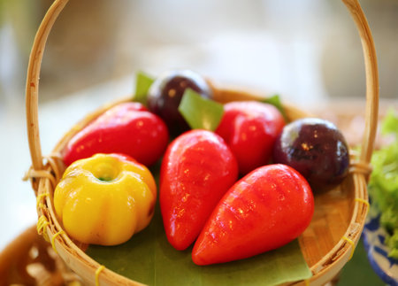 Mini Fruits and Vegetables Shaped Thai Style Marzipan Called Kanom Look Choup, a Famous Thai Traditional Dessertの写真素材