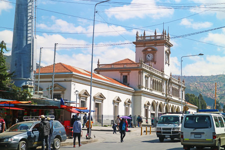 Street scene around the station of aerial cable car urban transit system in La Paz, the capital city of Bolivia, South Americaの写真素材