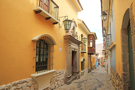 Calle Jaen, an Artistic Narrow Street with Groups of Stunning Colonial Buildings in La Paz, Bolivia, South Americaの写真素材