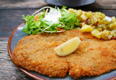 Closeup of a Plate of Golden Brown Crispy and Tender Schnitzelの写真素材
