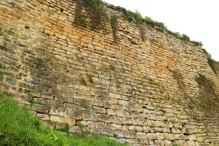 Ruins of the Massive Wall of Kuelap Citadel Complex on the Hilltop in Amazonas Region, Northern Peru, South Americaの写真素材