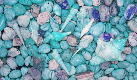 Pop Art Style Turquoise Blue Colored Pebble Stones with Many of Tiny Seashells