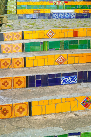 Selaron Steps or Escadaria Selaron in Rio de Janeiro, of Brazil, South America, 215 steps covered in over 2000 tiles collected from over 60 countries around the worldの写真素材