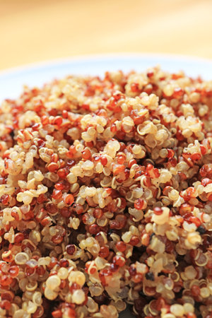 Plate of boiled tricolor quinoa, gluten-free seeds rich in protein and key nutrients which may help balancing bloodの写真素材