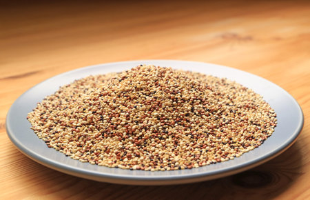 Plate of Dried Tricolor Quinoa, Seeds rich in protein, fiber, and essential amino acids called Mother of All Grains by the Incasの写真素材