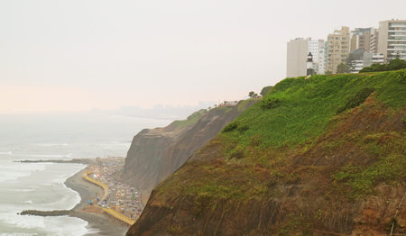 Impressive Aerial view of Miraflores at the sunset, Pacific coast, Lima, Peru, South Americaの写真素材