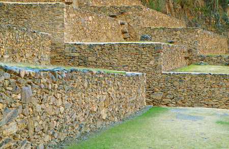 The Terraces of Pumatallis Inside the Ollantaytambo Incas Citadel, Sacred Valley of the Incas, Urubamba, Cusco, Peru, South Americaの写真素材