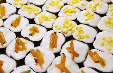 Khanom Tako, Delicious Thai Traditional Two Layered Pudding Made of Coconut Milk and Tapioca with Toppingsの写真素材