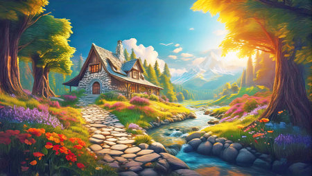A fairytale-like house in colorful spring valleyの素材