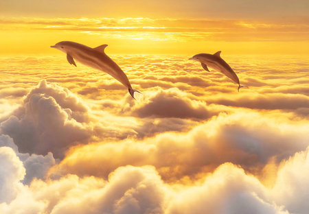 Surreal Image of a Pair of Dolphins Jumping Happily on the Sea of Cloudsの素材