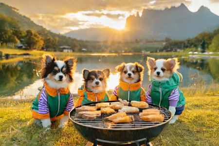 Group of Long Coat Chihuahua Puppy Barbequing on the Lakeshore Campsiteの素材