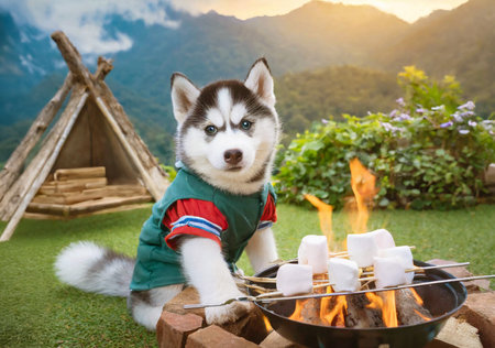 Beautiful Siberian Husky Boy Roasting Marshmallows on the Campfireの素材
