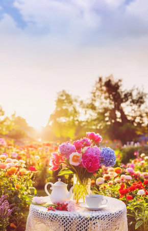 Morning tea in an enchanted  flowers blooming gardenの素材