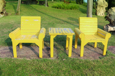 Wood Chair in garden の写真素材