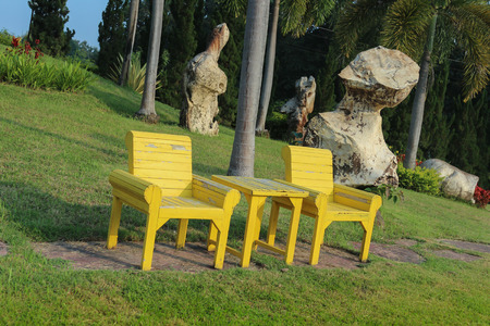 Wood Chair in garden の写真素材