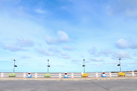  4 wooden chair and 3 shark at the Sea の写真素材