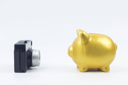 concept : saving travel gold piggy bank selfie