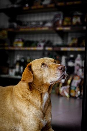 Yellow innocent young dog sitting laying on the ground and looking at owner sadly and innocentlyの写真素材