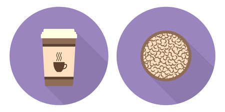 Flat vector illustration set: cup of coffee and pie on violet backdropsのイラスト素材