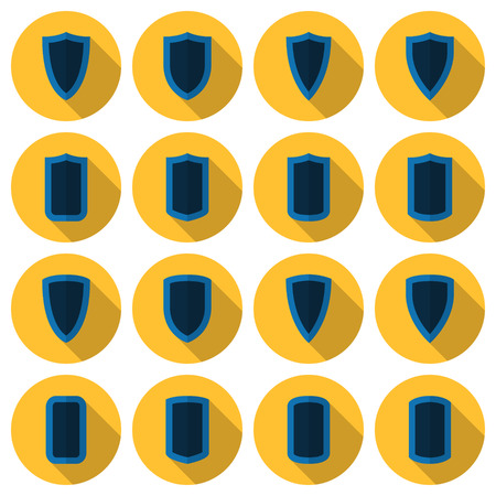 Flat shields vector set: blue shields on yellow backgroundsのイラスト素材
