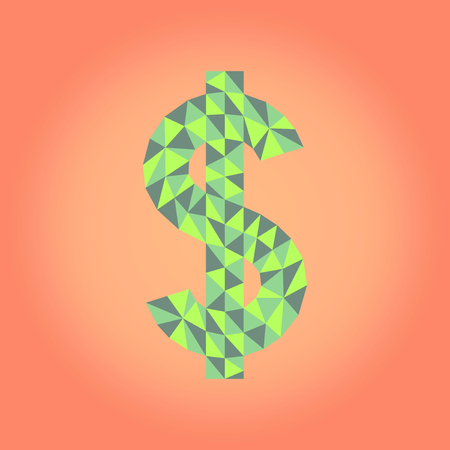 Polygonal illustration: vector low poly dollar sign made of green triangles on orange gradient backdropのイラスト素材