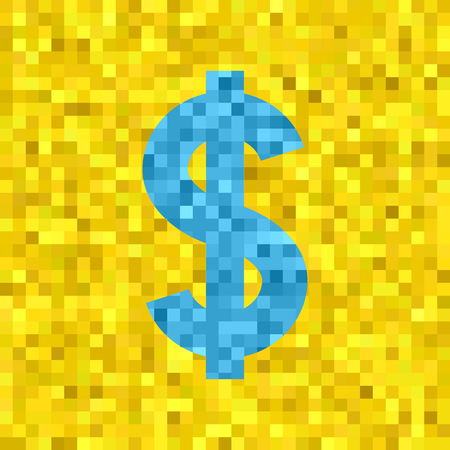 Pixel vector quadratic grid illustration: low-poly light blue dollar symbol on yellow backgroundのイラスト素材
