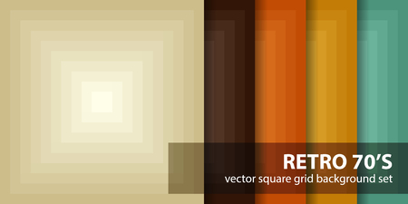 Square pattern set "Retro 70's". Vector seamless geometric backgrounds with beige, brown, orange, yellow, green squaresのイラスト素材