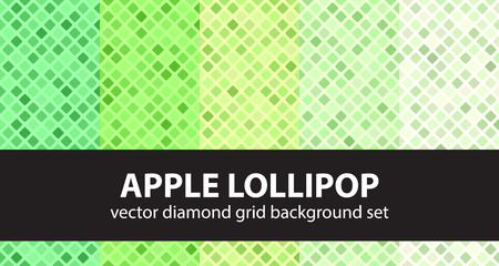 Diamond pattern set "Apple Lollipop". Vector seamless backgrounds with green rounded diamonds on colored backdropsのイラスト素材
