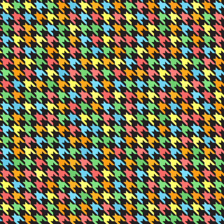 Houndstooth pattern. Seamless vector background: red, orange, yellow, green, blue ornament on black backdropのイラスト素材