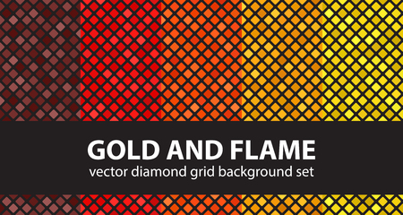 Diamond pattern set "Gold and Flame". Vector seamless backgrounds: maroon, red, orange, gold, yellow rounded diamonds on black backdropsのイラスト素材